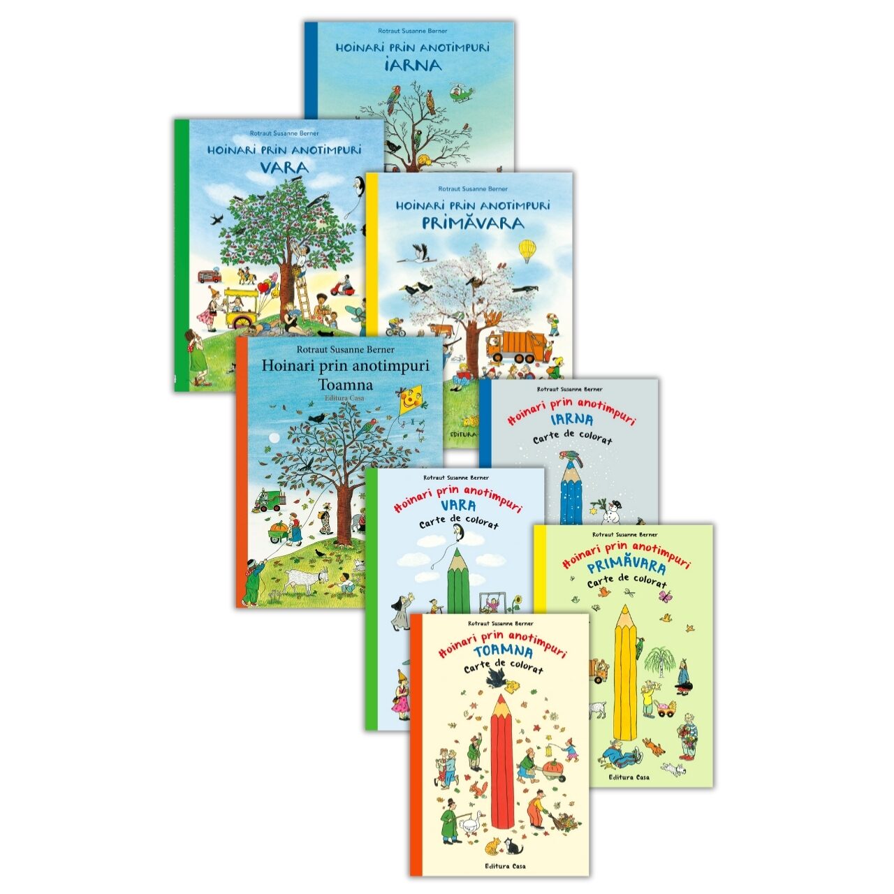 Pachet Mare Hoinari prin anotimpuri - 4 carti ilustrate + 4 carti de colorat